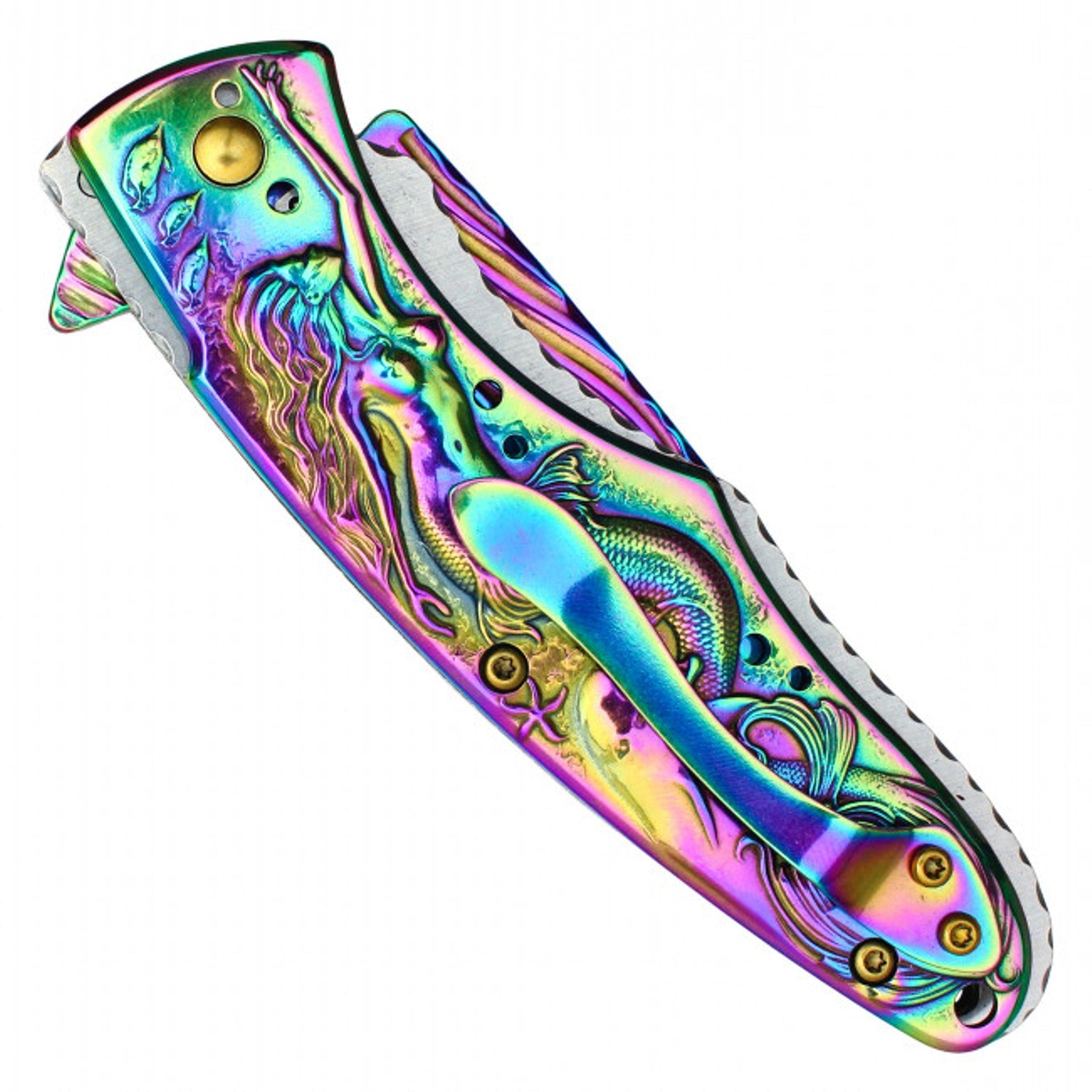8" Rainbow Mermaid Pocket Knife – 3D Mermaid Handle & Rainbow Blade