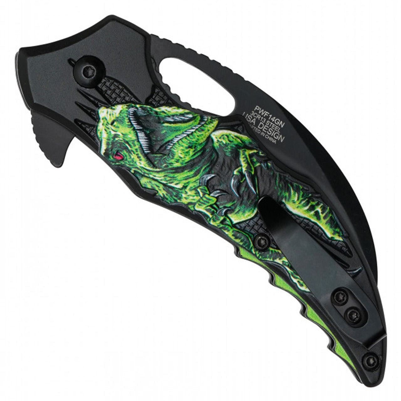 7" Green T-Rex Pocket Knife – Prehistoric Power in Your Pocket
