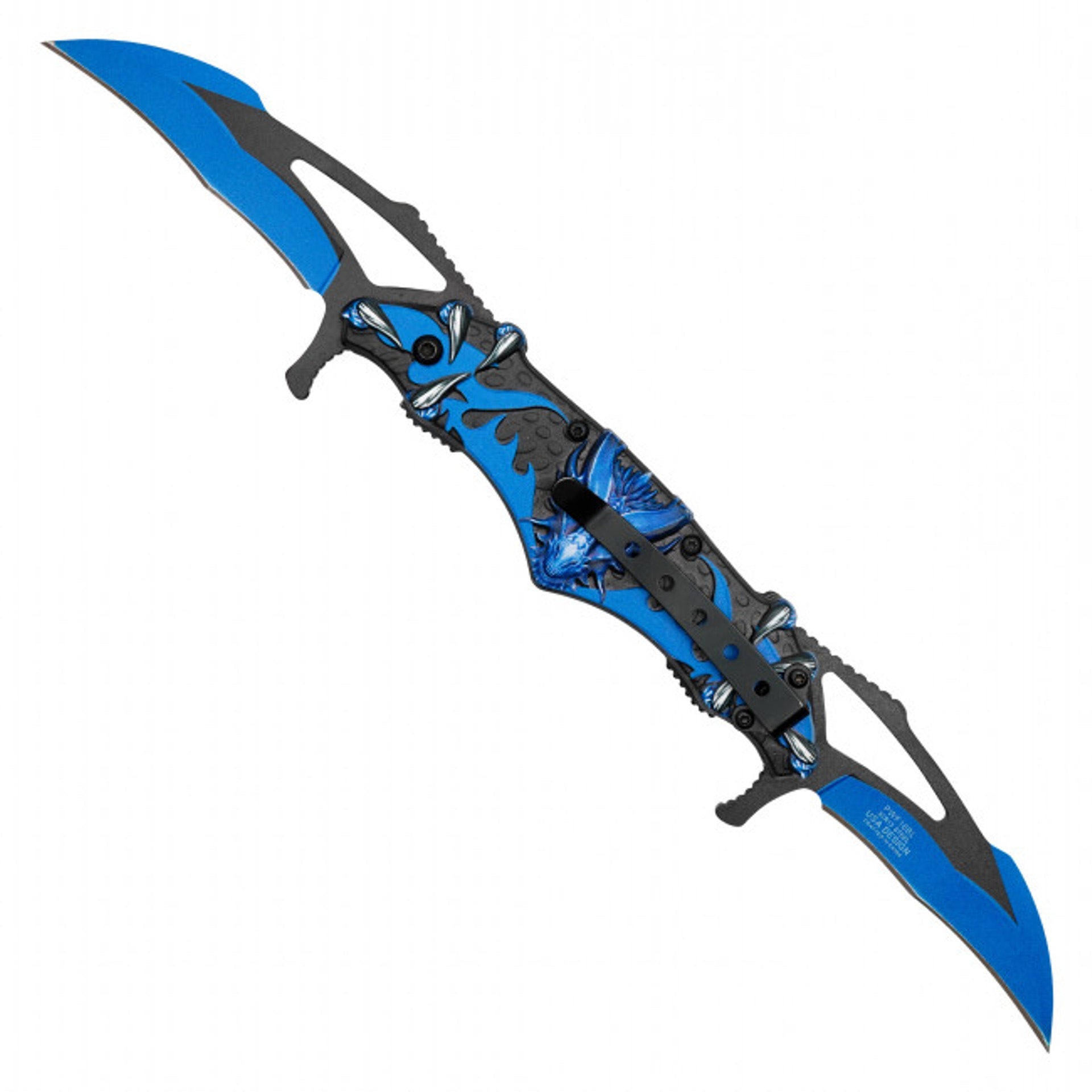 11" Blue Dragon Folding Pocket Knife - Dual Blade Fantasy EDC with Belt Clip