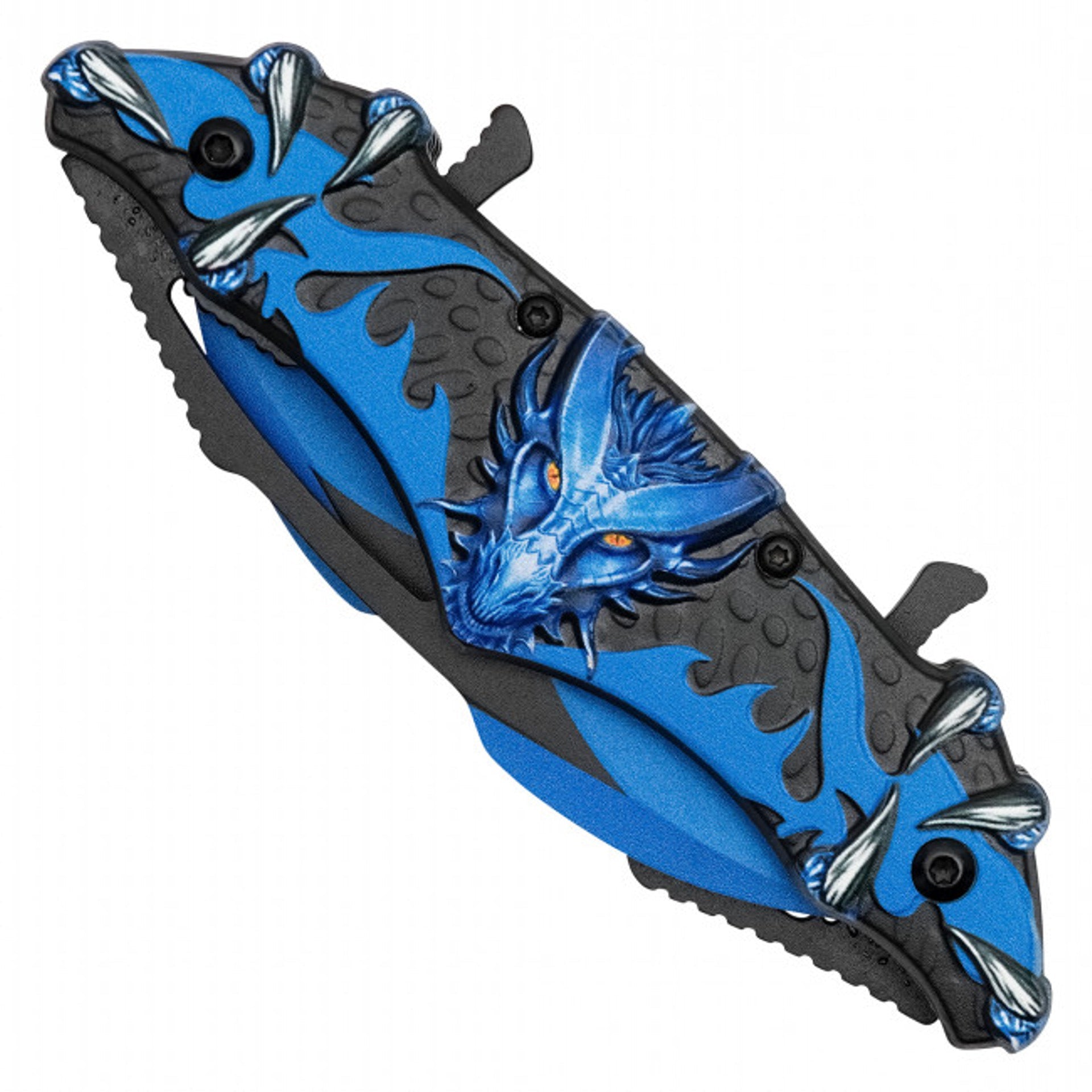 11" Blue Dragon Folding Pocket Knife - Dual Blade Fantasy EDC with Belt Clip