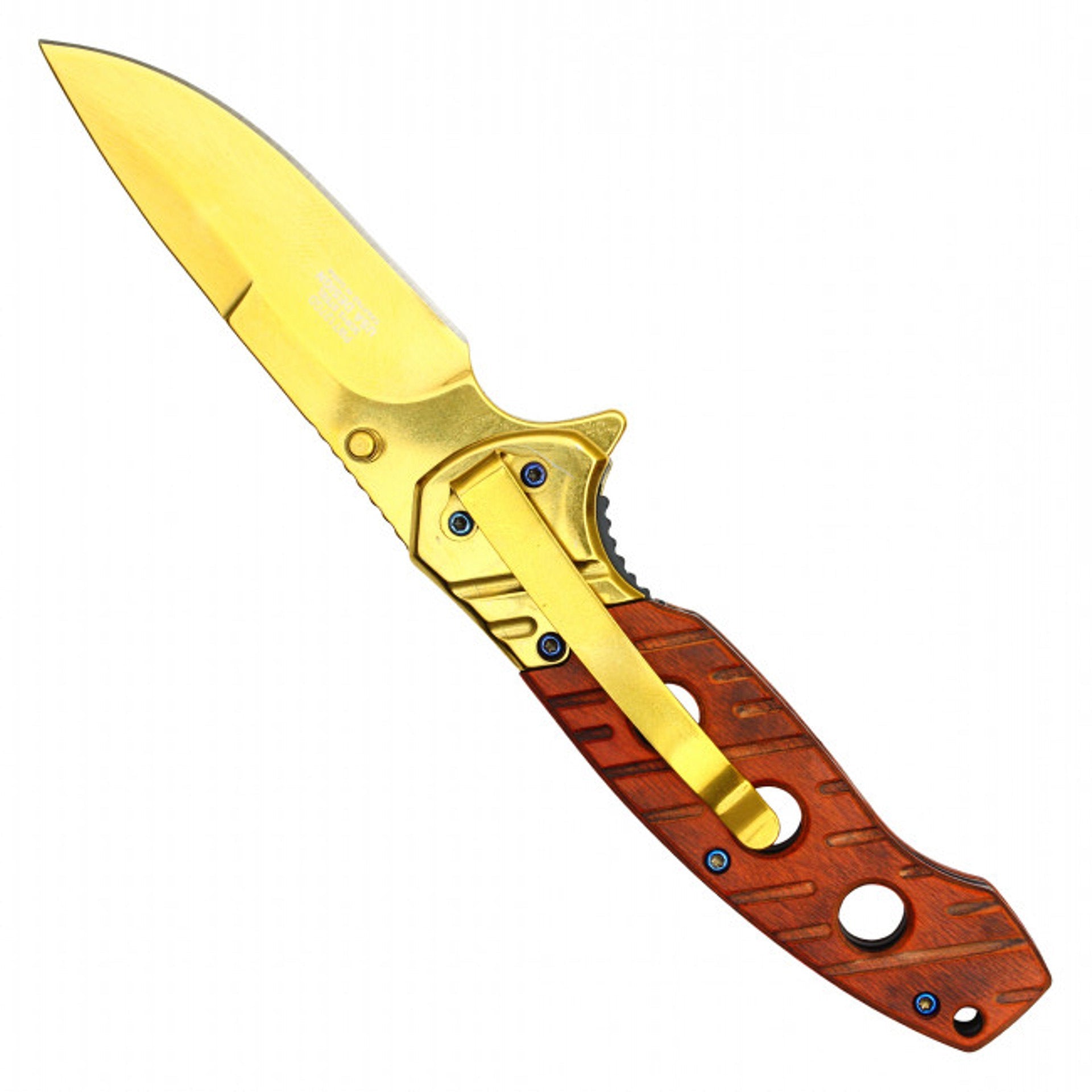 Wartech 8" Gold Tanto Pocket Knife – Cherry Wood Handle