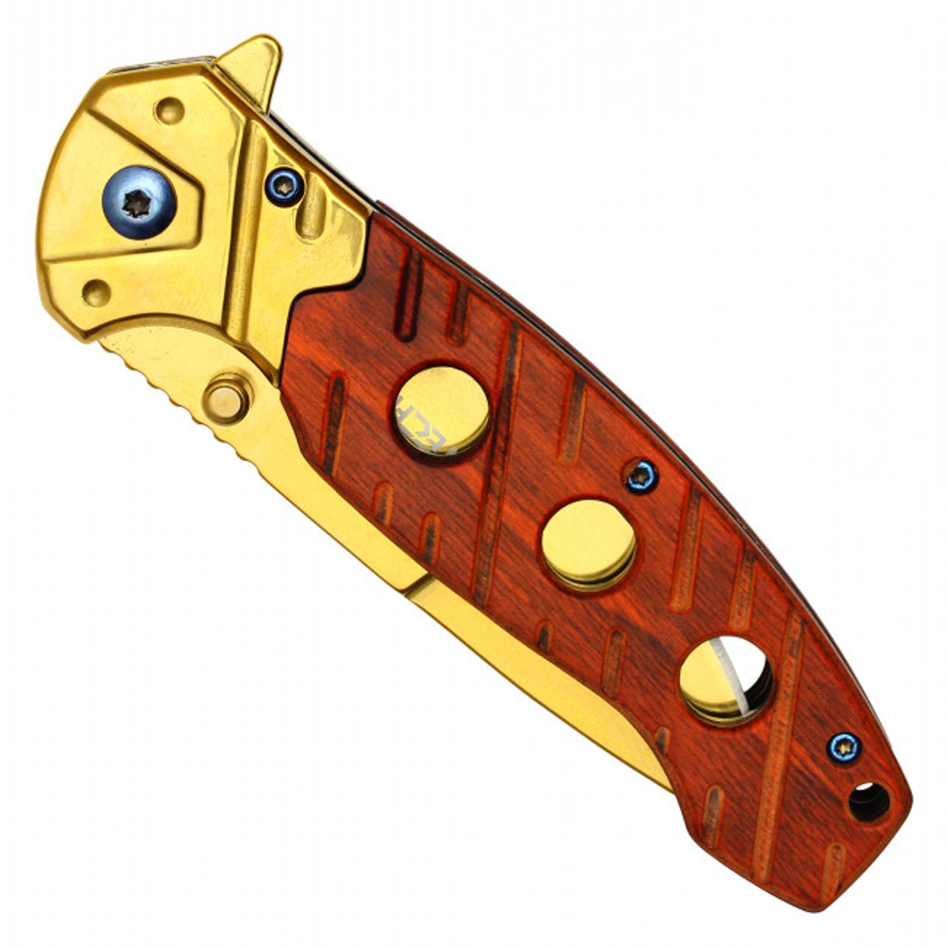 Wartech 8" Gold Tanto Pocket Knife – Cherry Wood Handle