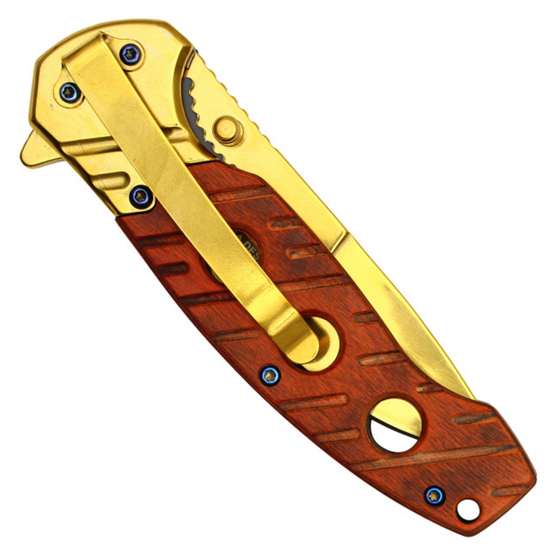 Wartech 8" Gold Tanto Pocket Knife – Cherry Wood Handle