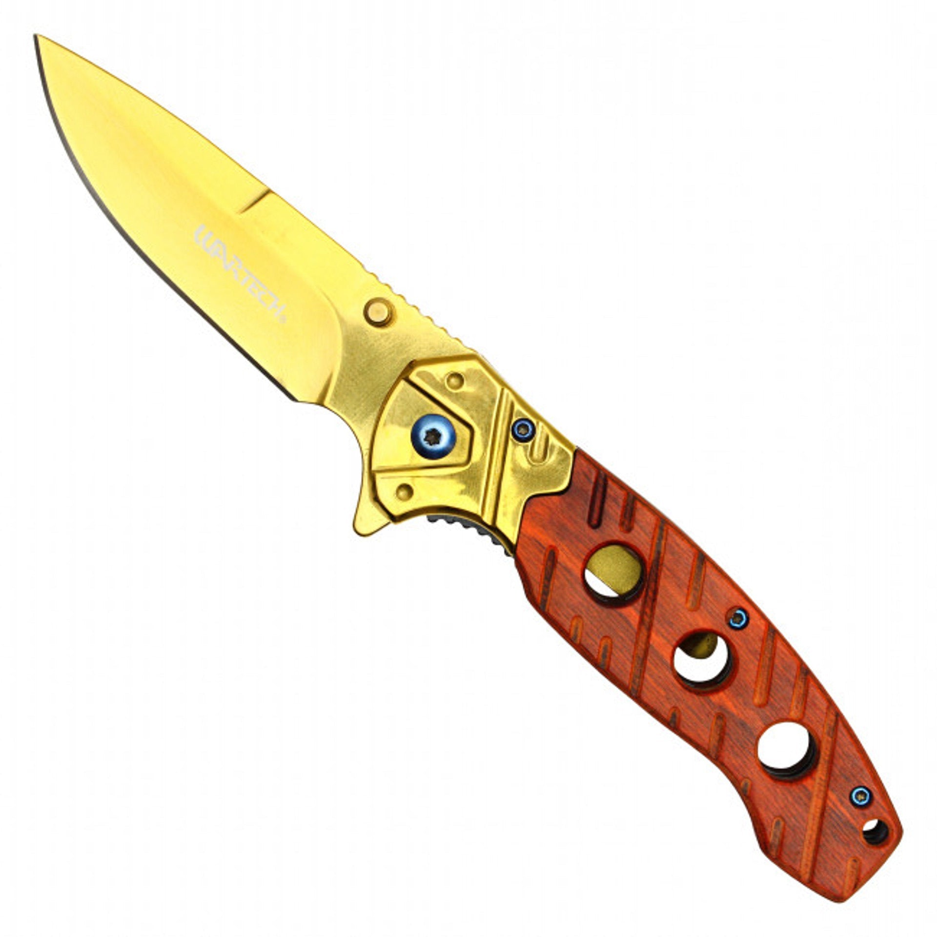 Wartech 8" Gold Tanto Pocket Knife – Cherry Wood Handle