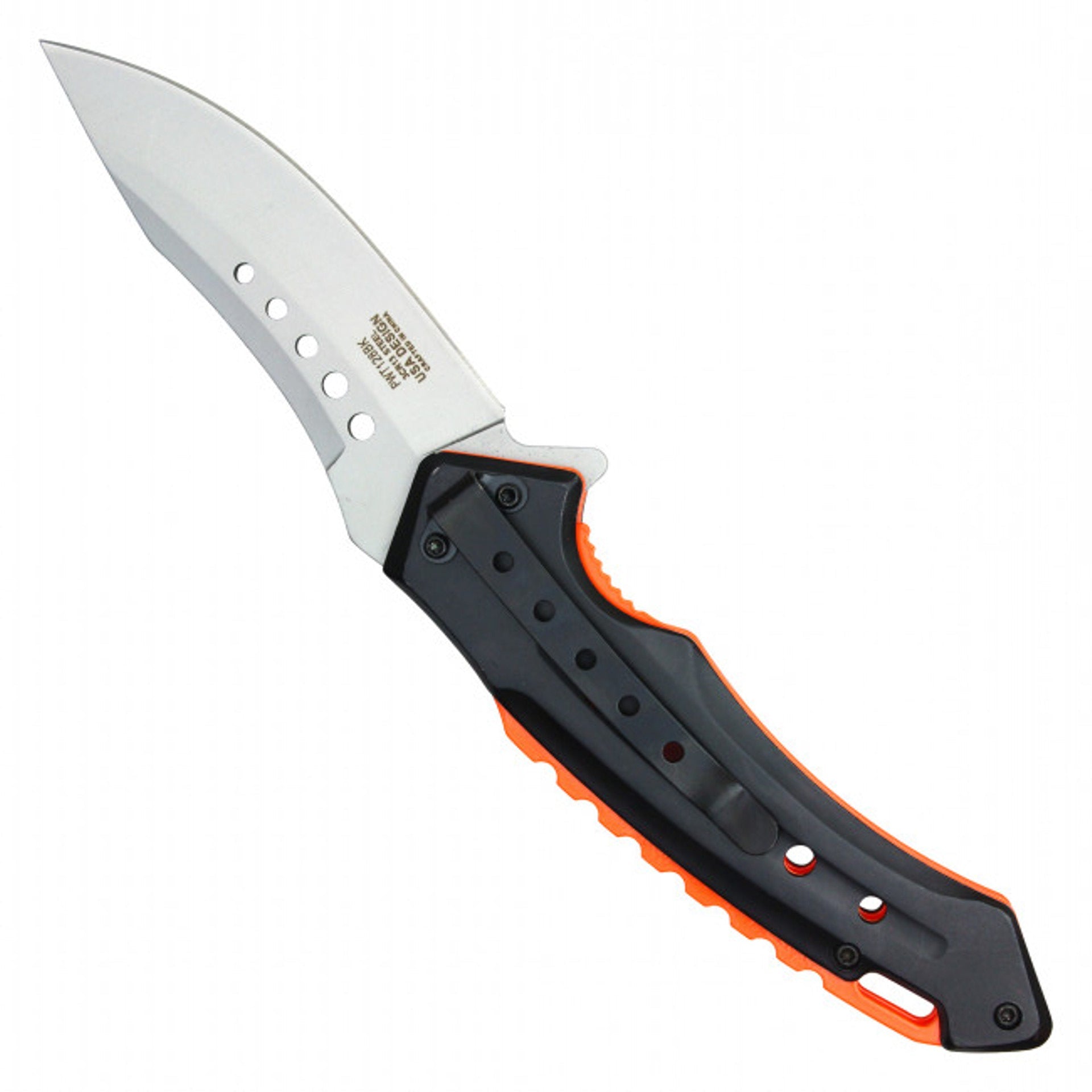 Wartech 8" Curved Black Pocket Knife – Black & Orange Handle