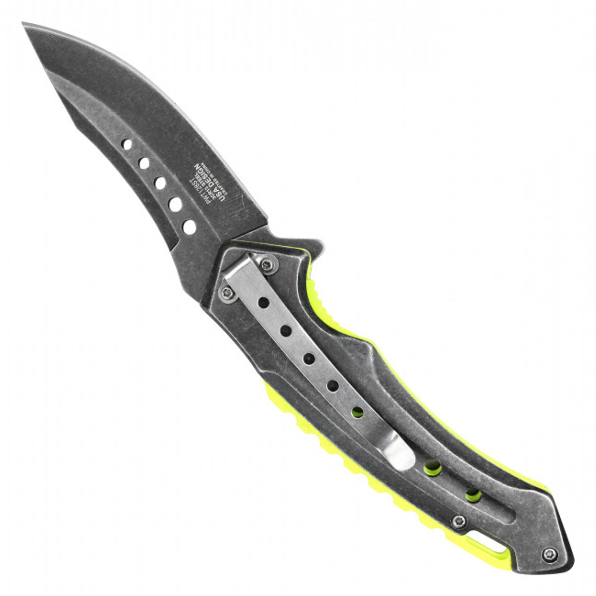 8" Curved Pocket Knife – Stonewashed Blade &Yellow Handle
