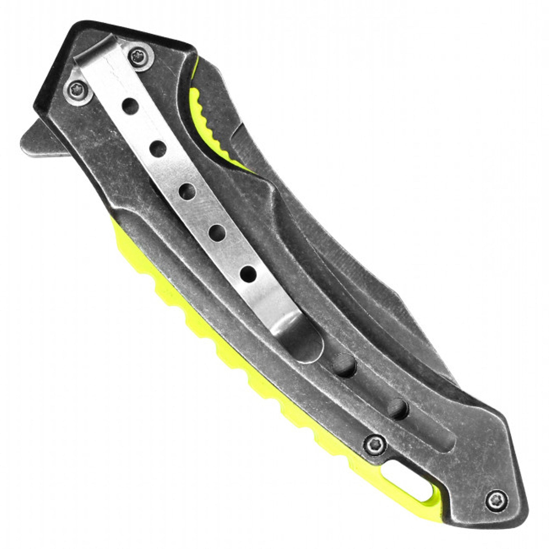 8" Curved Pocket Knife – Stonewashed Blade &Yellow Handle