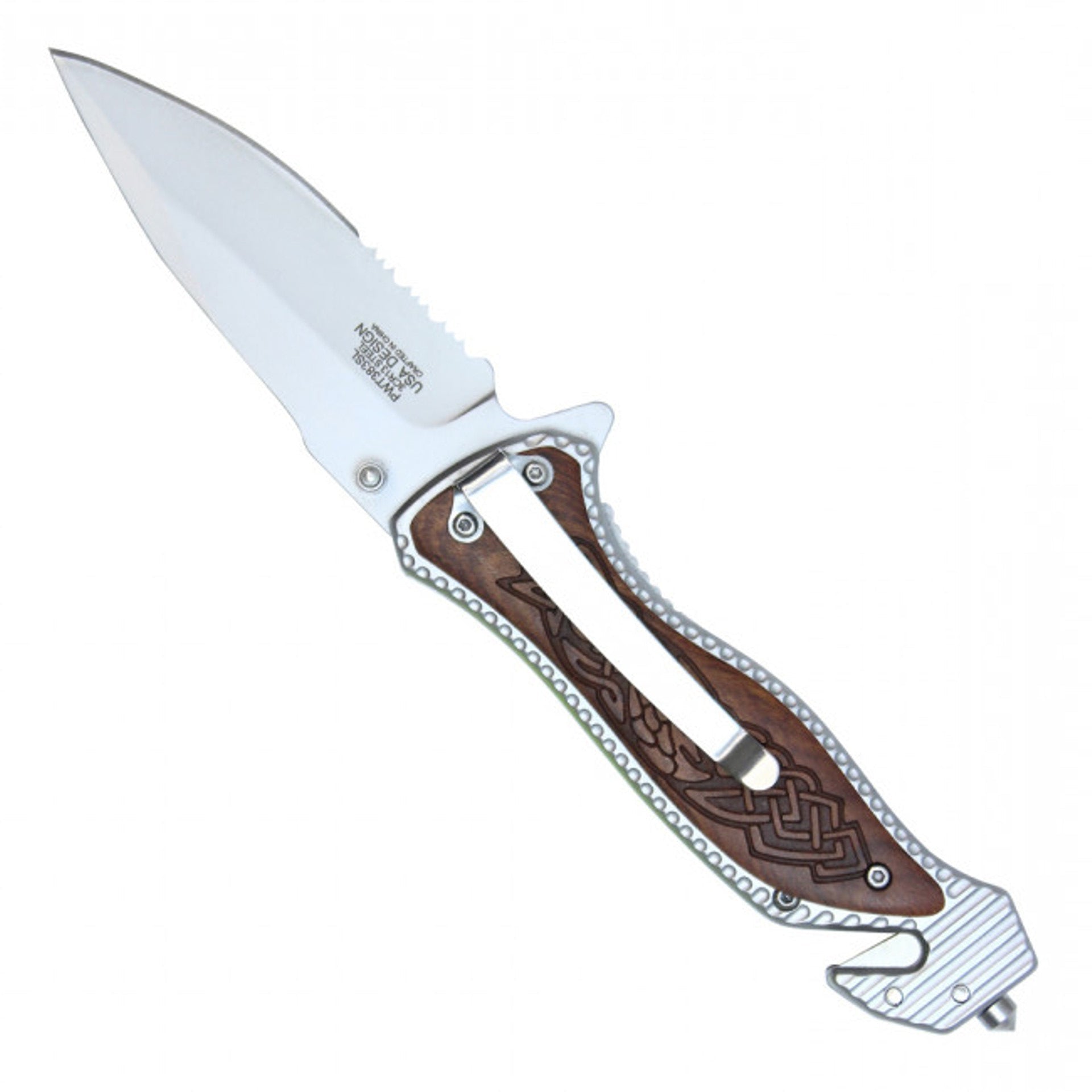 8" Silver Stainless Steel Assisted Pocket Knife w/ Celtic Patterned Handle & Serrated Edge