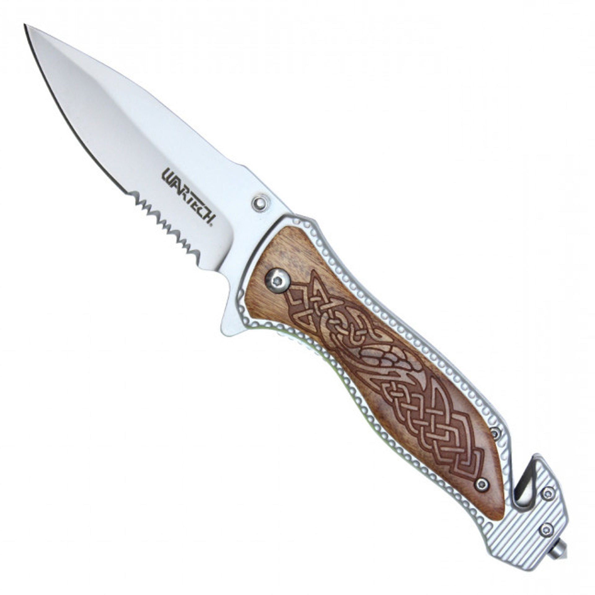 8" Silver Stainless Steel Assisted Pocket Knife w/ Celtic Patterned Handle & Serrated Edge