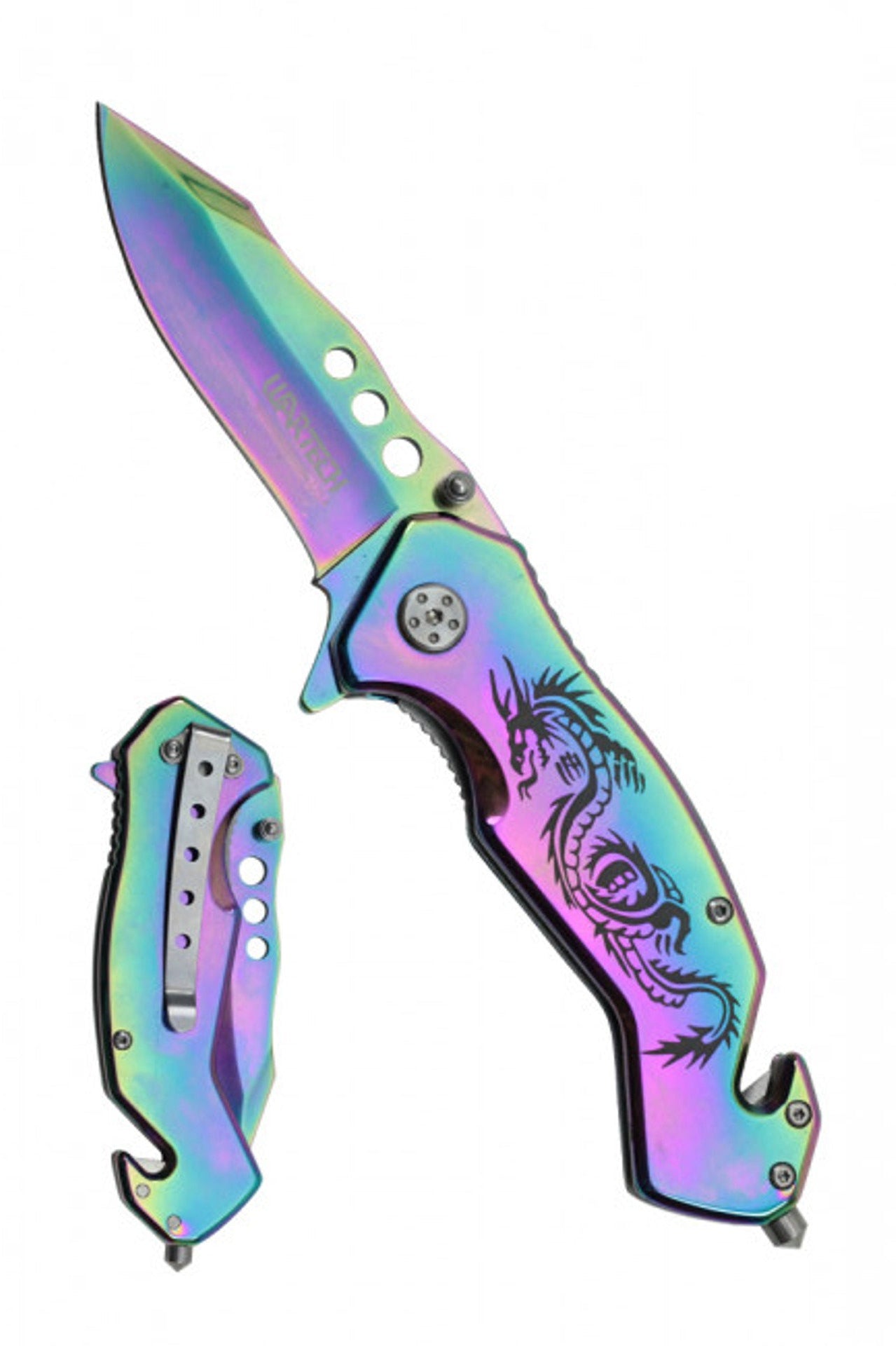 8" Spring Assisted Rescue Knife – Rainbow Finish