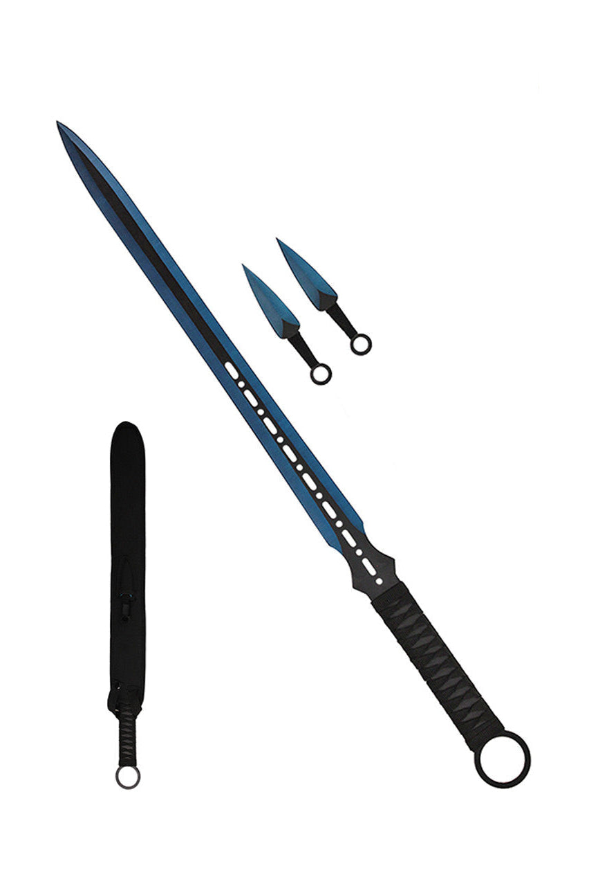 1 PC Full Tang Blue Blade Straight Ninja Sword with Two Knives