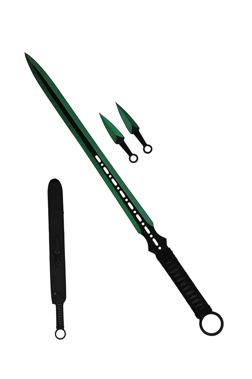 1 PC Full Tang Green Blade Straight Ninja Sword with Two Knives