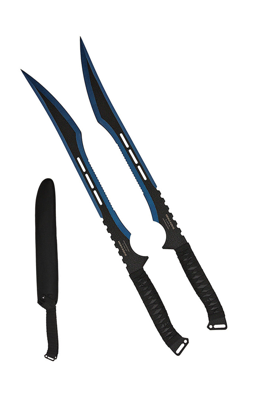 2 PC Set Full Tang 2 Tone Blue Blade Straight Ninja Sword with Sheath