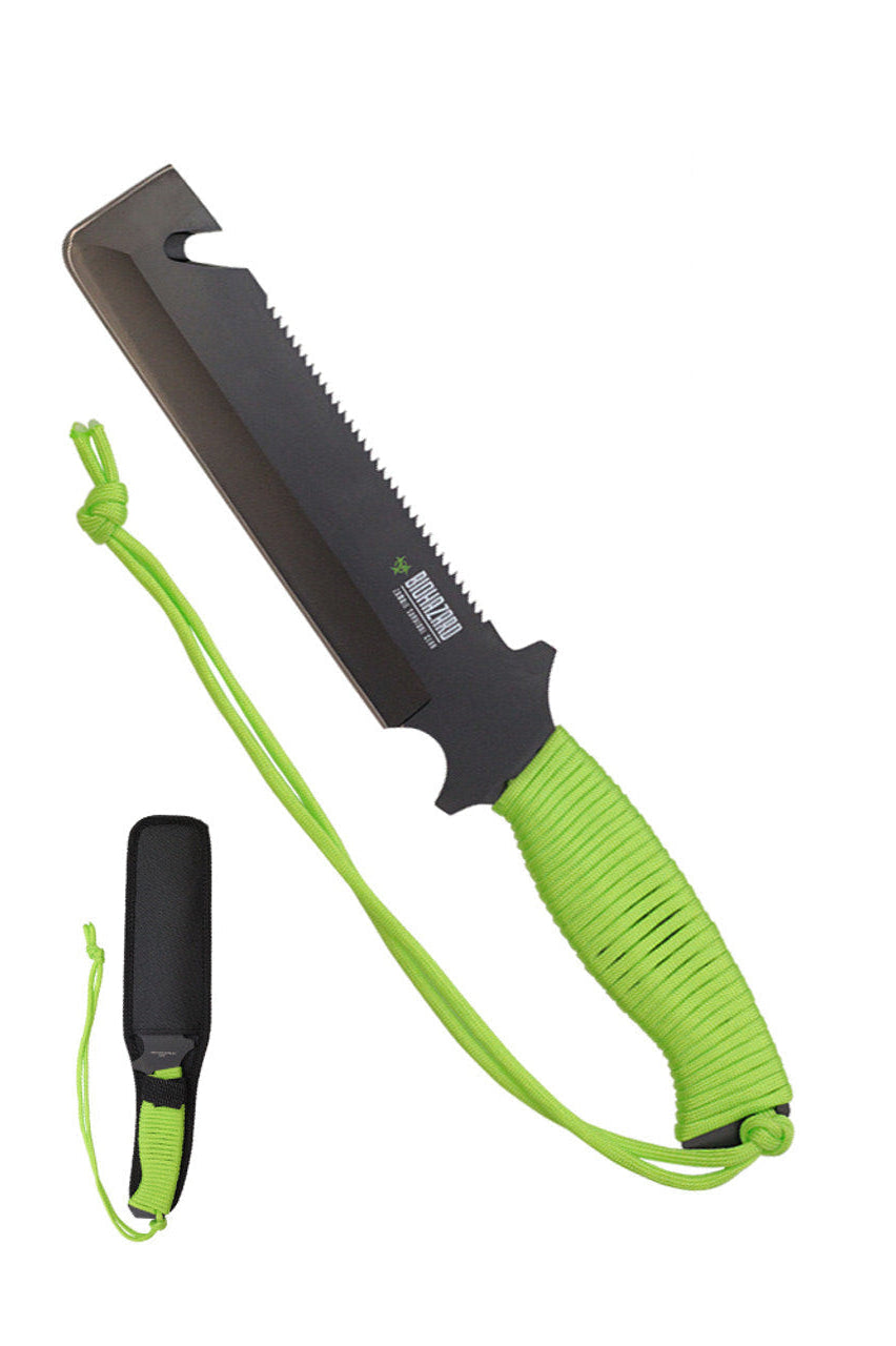 12" Biohazard Zombie Devil's Harvest Hunting Knife with Serrated Blade and Green Handle