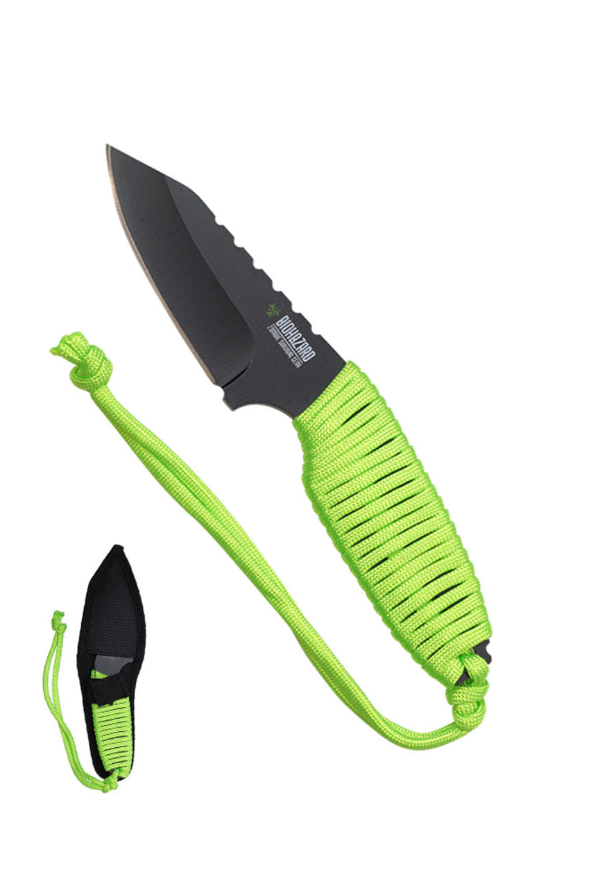7" Biohazard Zombie Hunting Knife with Serrated Blade and Green Handle