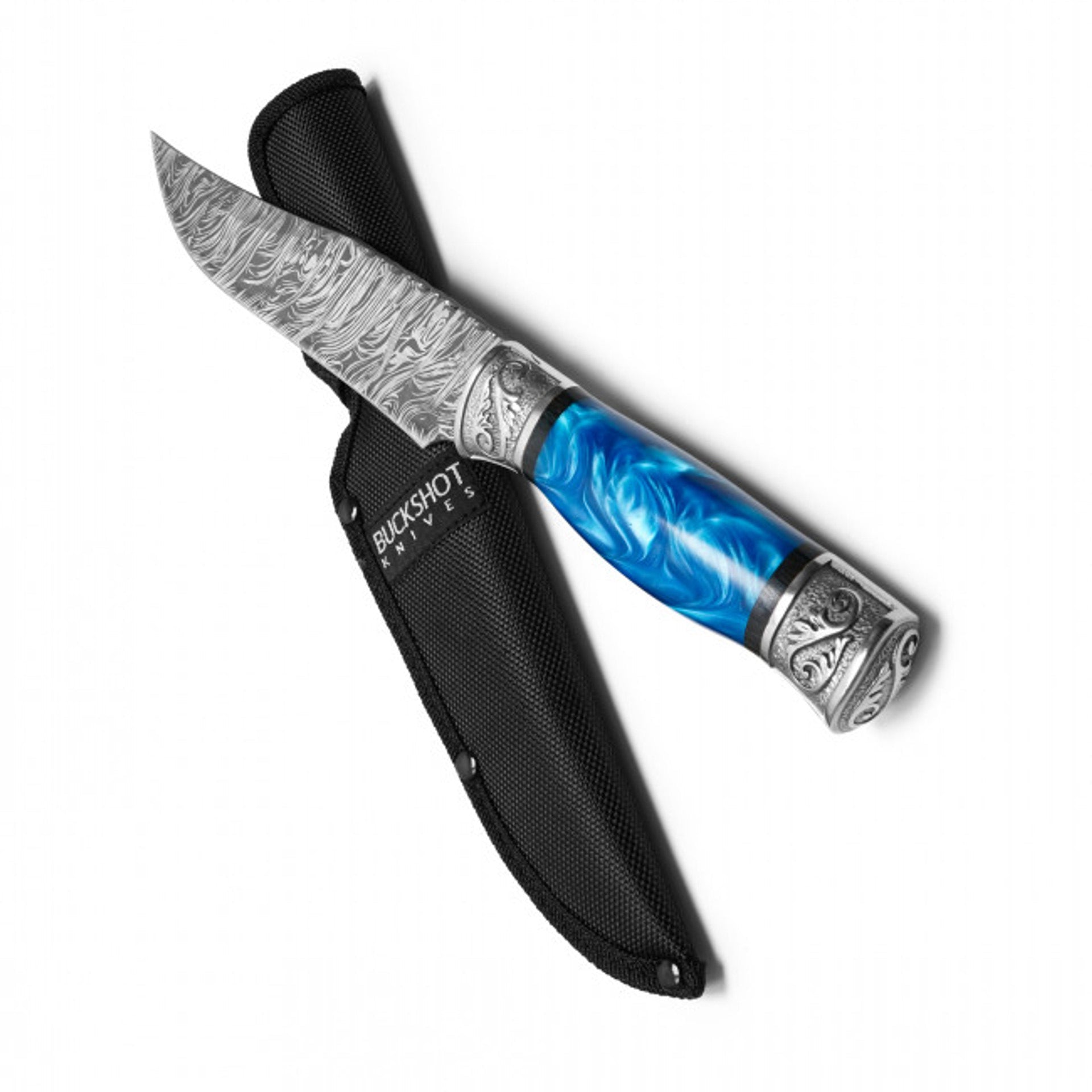 12.25" Blue Marbled Hunting Knife – Etched Damascus Steel & Elegant Design