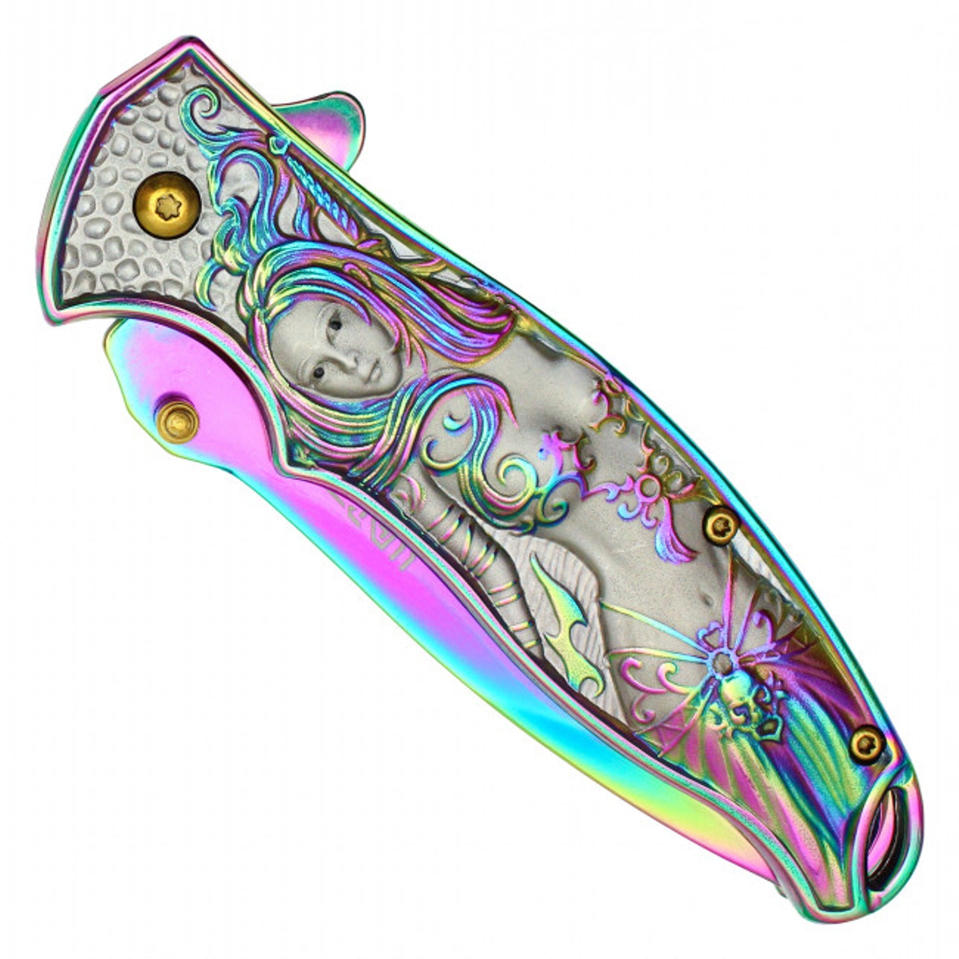 8.25" Mermaid Pocket Knife – Rainbow Blade & 3D Mermaid Handle