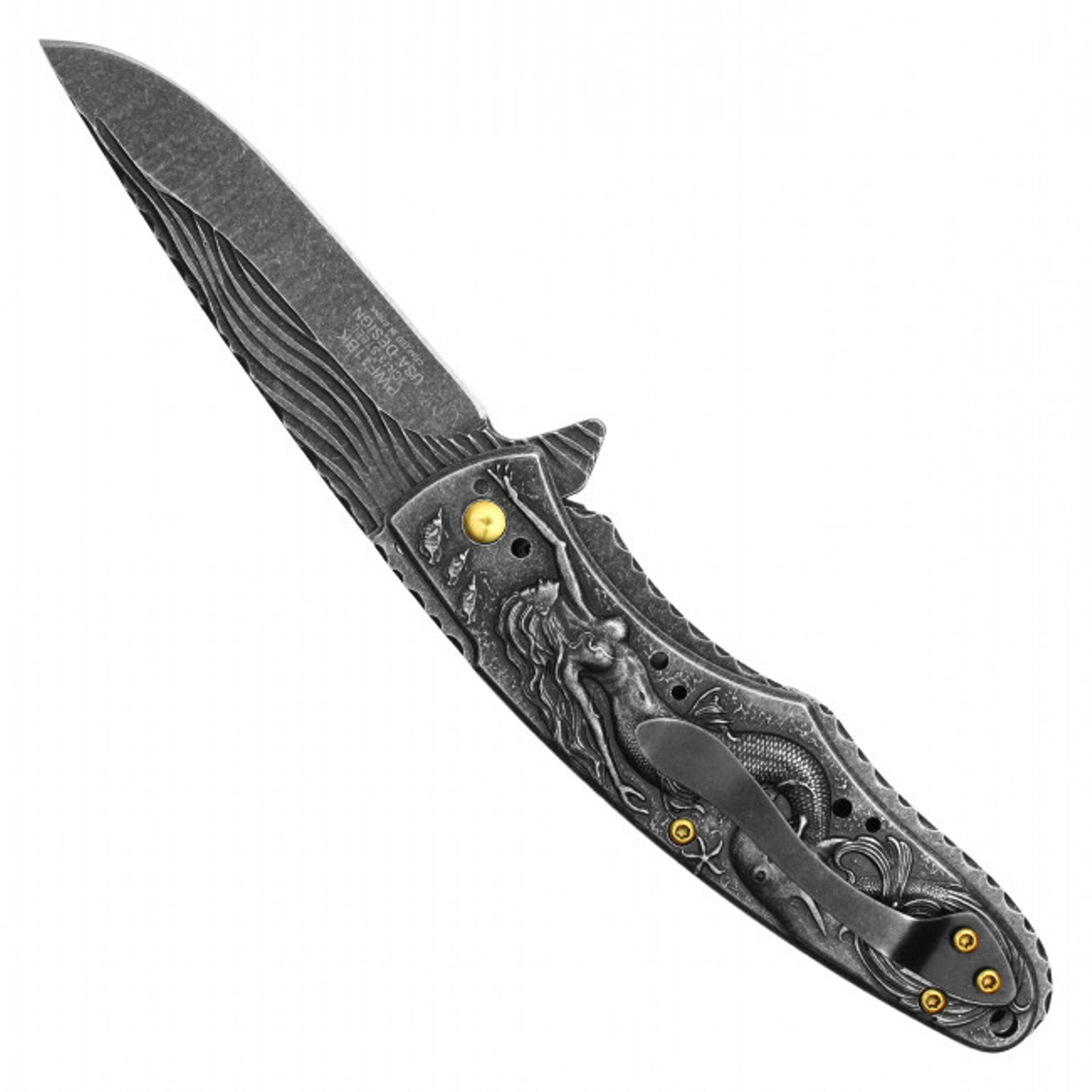 8" Black Mermaid Pocket Knife – 3D Stone Mermaid Handle & Stonewashed Blade
