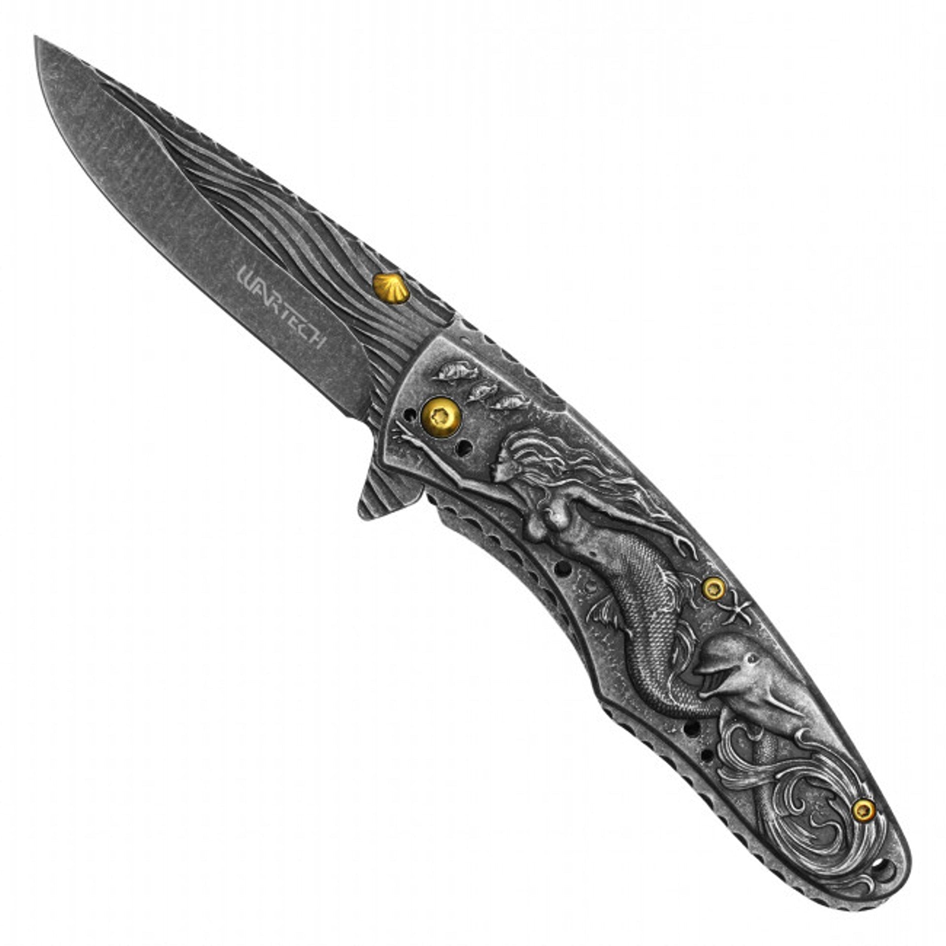 8" Black Mermaid Pocket Knife – 3D Stone Mermaid Handle & Stonewashed Blade