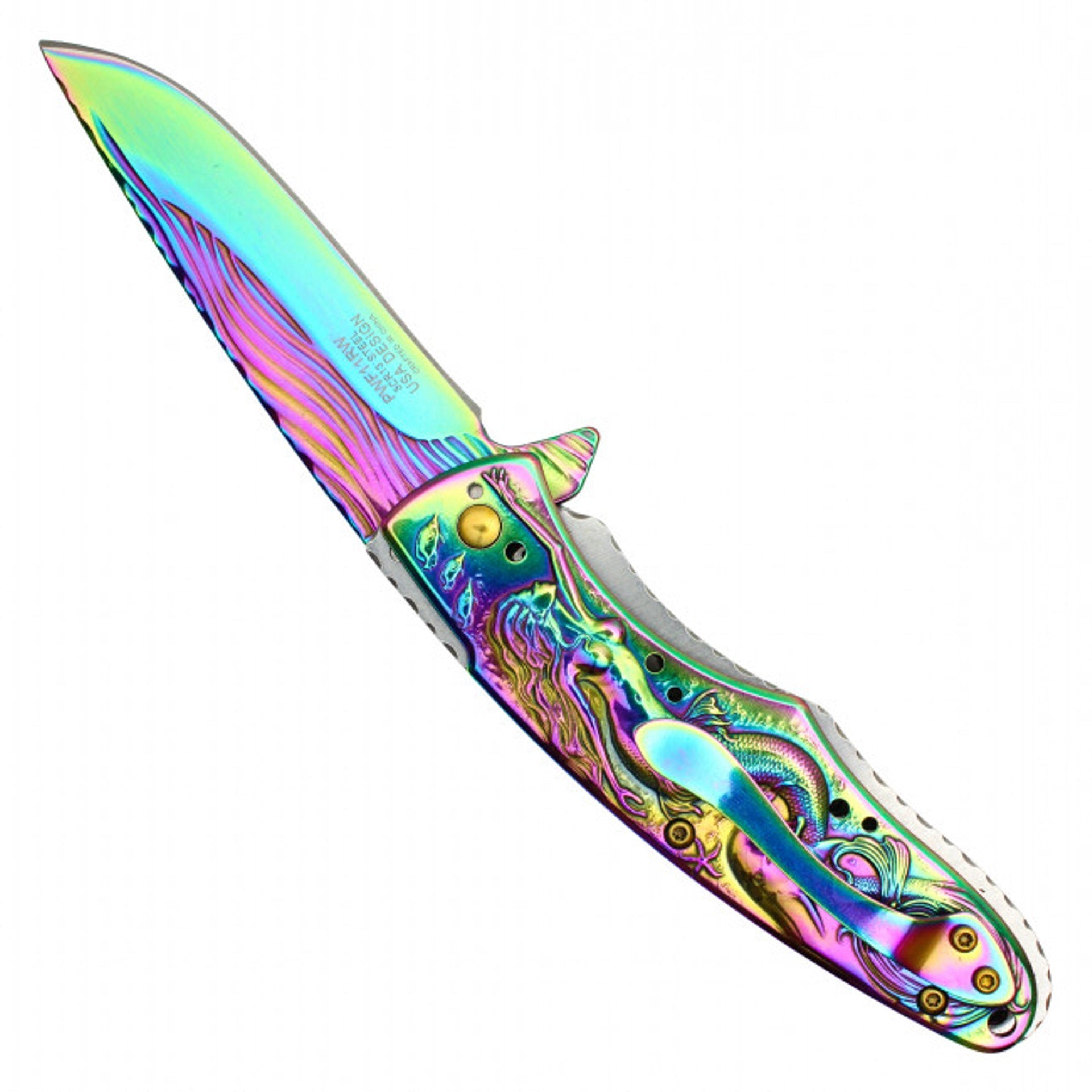 8" Rainbow Mermaid Pocket Knife – 3D Mermaid Handle & Rainbow Blade