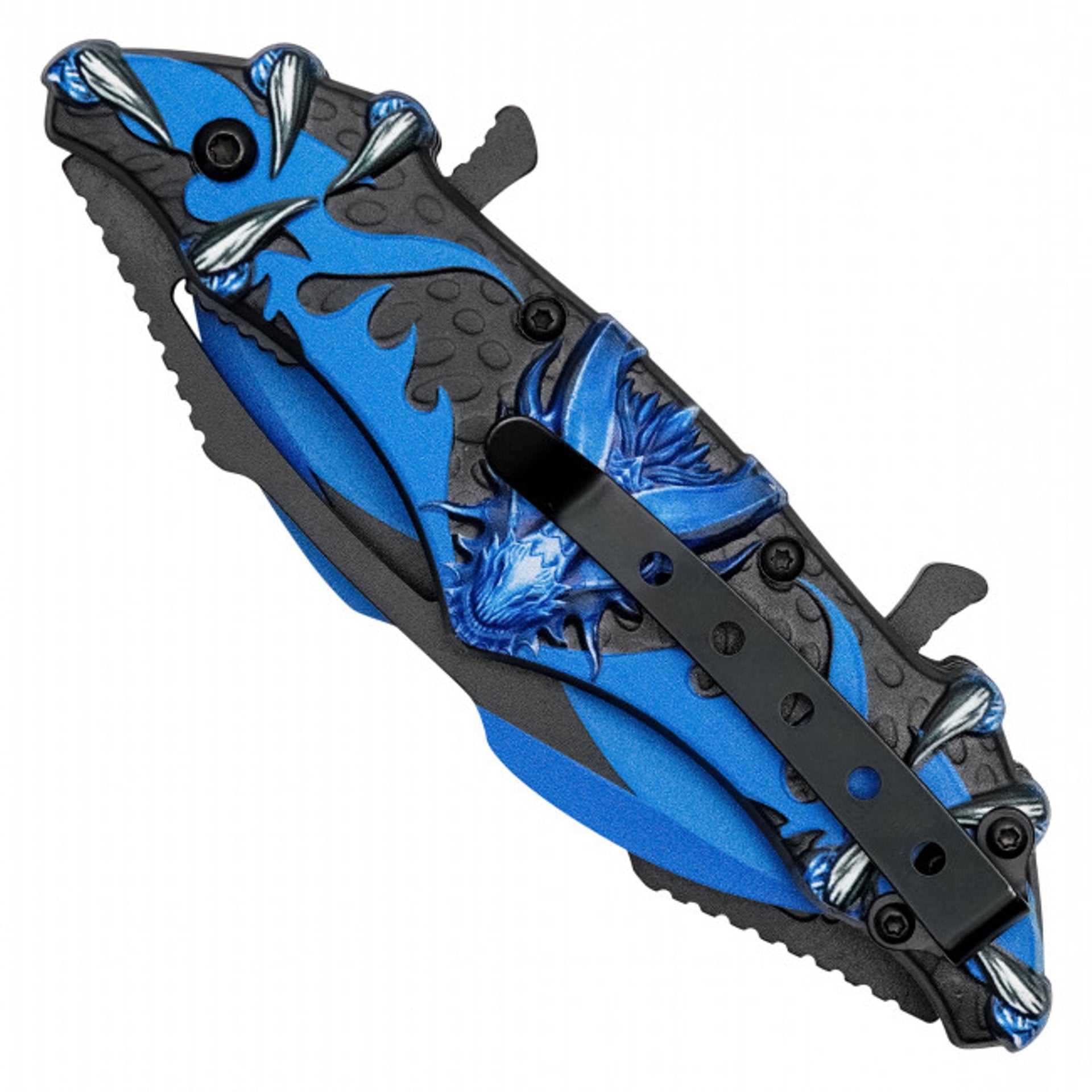 11" Blue Dragon Folding Pocket Knife - Dual Blade Fantasy EDC with Belt Clip