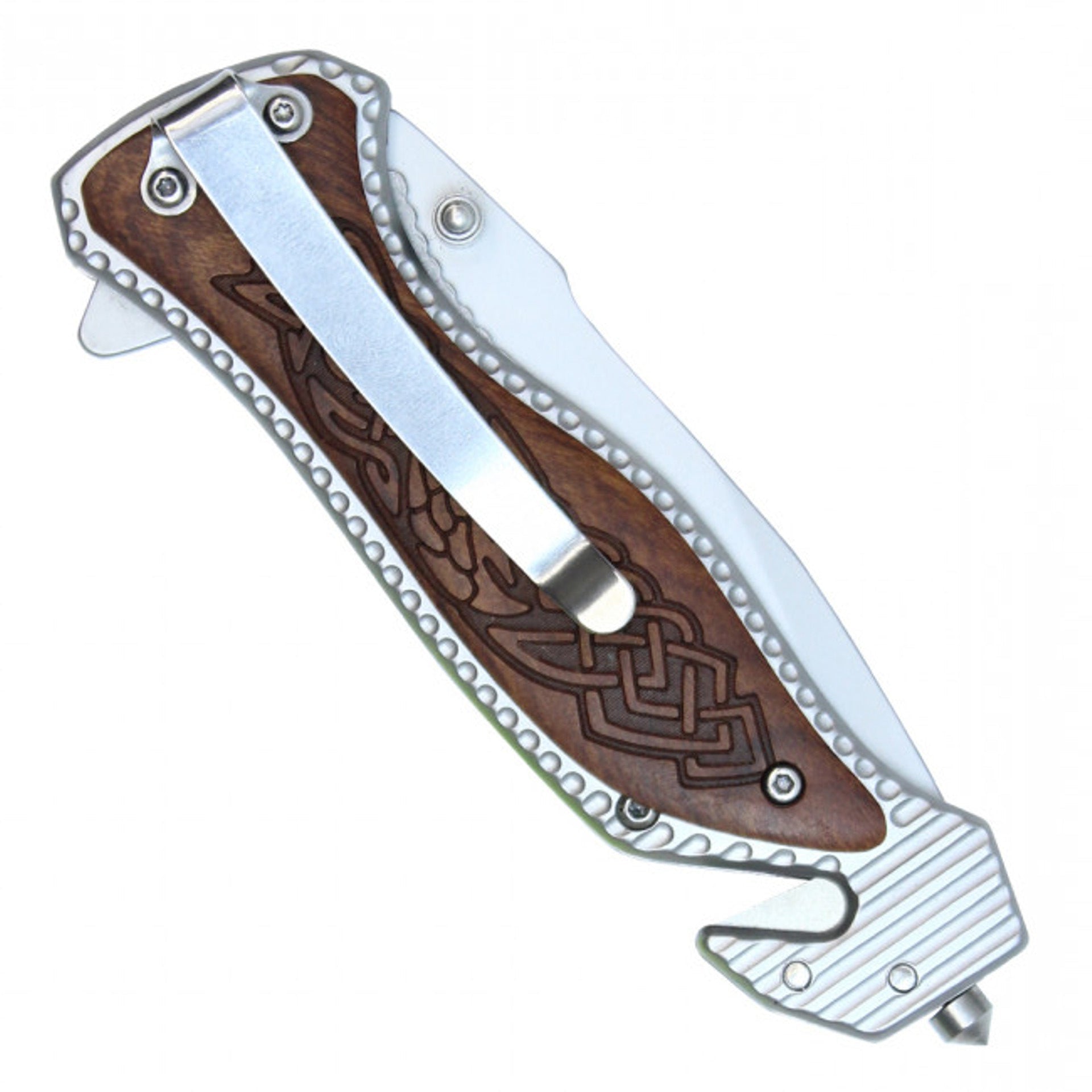 8" Silver Stainless Steel Assisted Pocket Knife w/ Celtic Patterned Handle & Serrated Edge