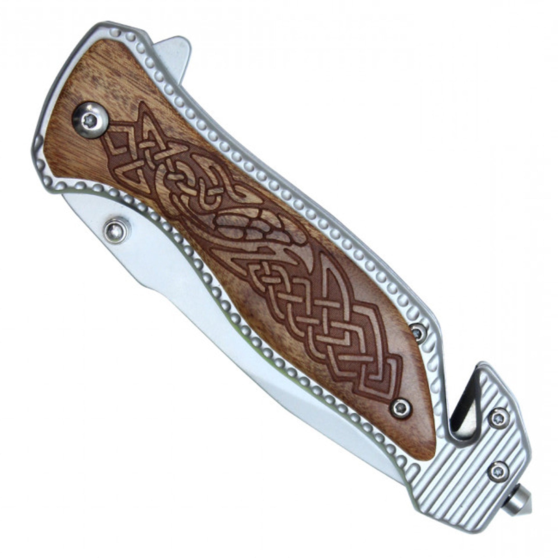 8" Silver Stainless Steel Assisted Pocket Knife w/ Celtic Patterned Handle & Serrated Edge